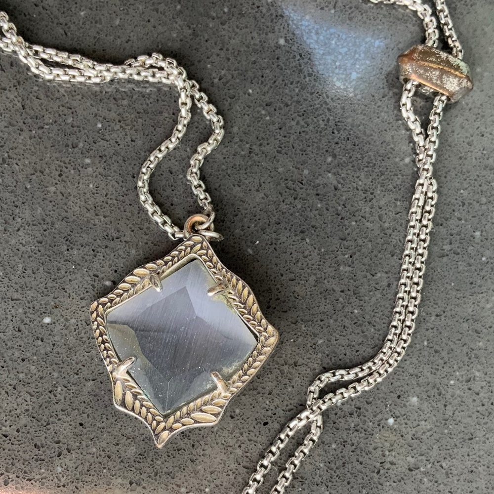 Kendra Scott Small Kacey Grey Cat’s Eye Pendant Adjustable Silver Necklace